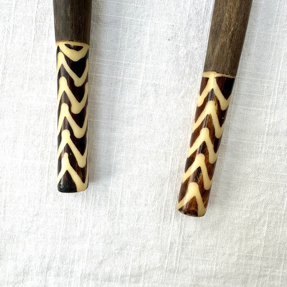 Vintage Salad Servers Wooden Serving Spoon Fork Set Decorative Inlay African - Picture 4 of 9